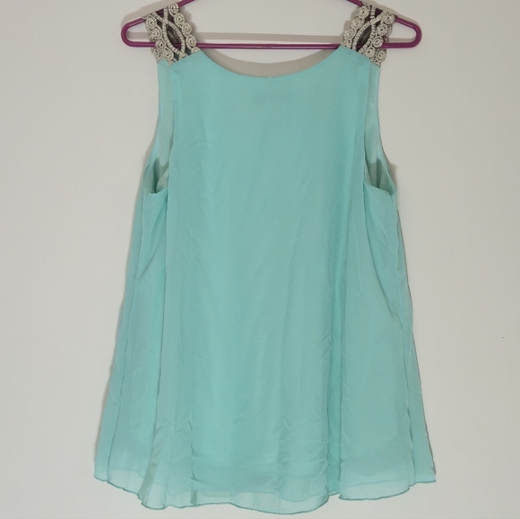 Eclipse XL Slim Aqua Blue Sheer Embroidered Shoulder Tank Top Pastel Boho Blouse - Picture 6 of 11